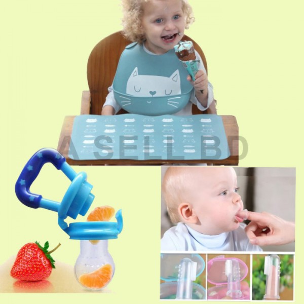 3 Pcs Baby Combo Set | Baby Bibs | Silicon Finger Brush | Baby Fruit Feeder